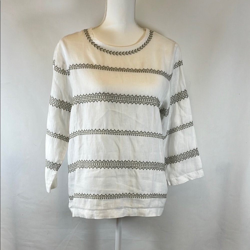J. Jill Love Linen Top Women's Size S White Embroidered 3/4 Sleeve Blouse